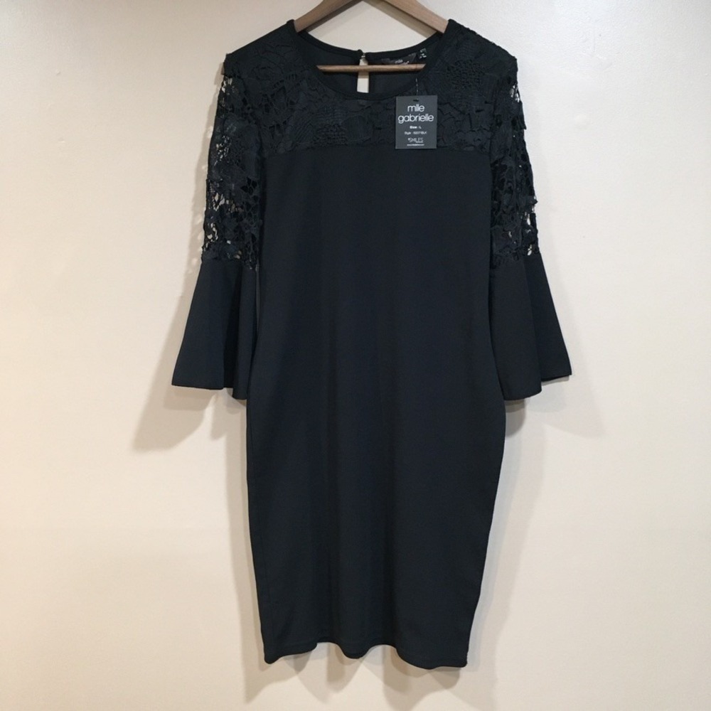 Mlle‎ Gabrielle Lace Bell Sleeve Shift Dress Women L Black Whimsigoth Romantic